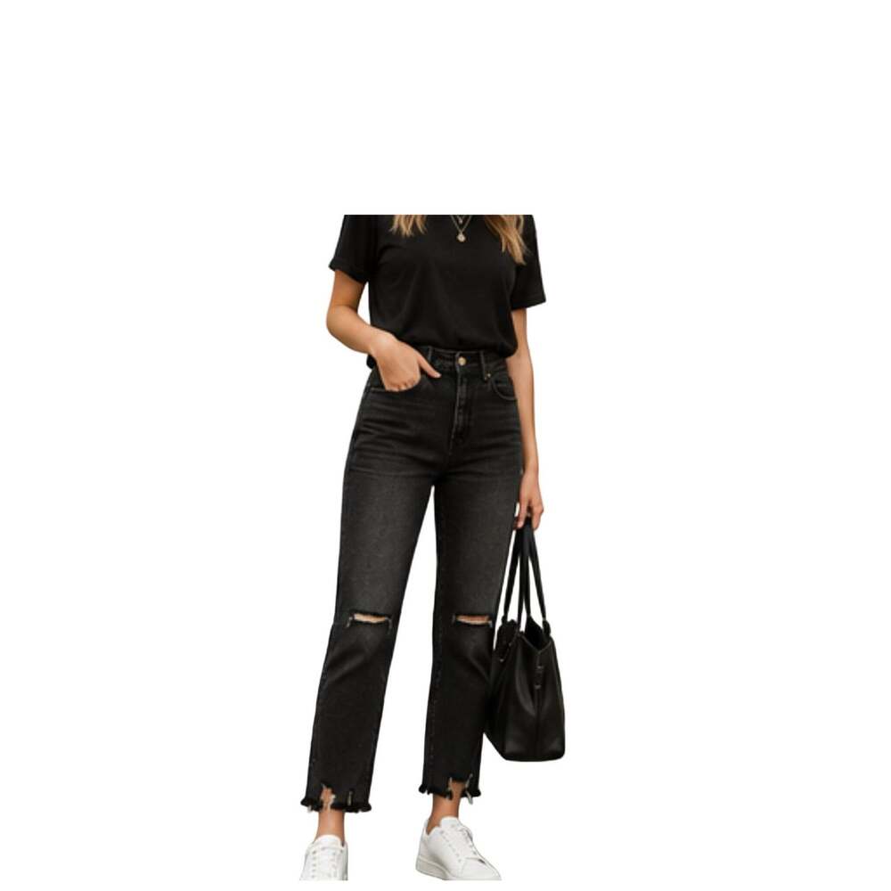PTCL Jeans Womens Size 28 Black Distressed Button Fly Raw Hem High Rise Mom Jean